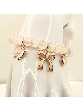 Bow Charm Bracelet, Coquette Bracelet, Pink Bow Jewelry, Feminine Beaded